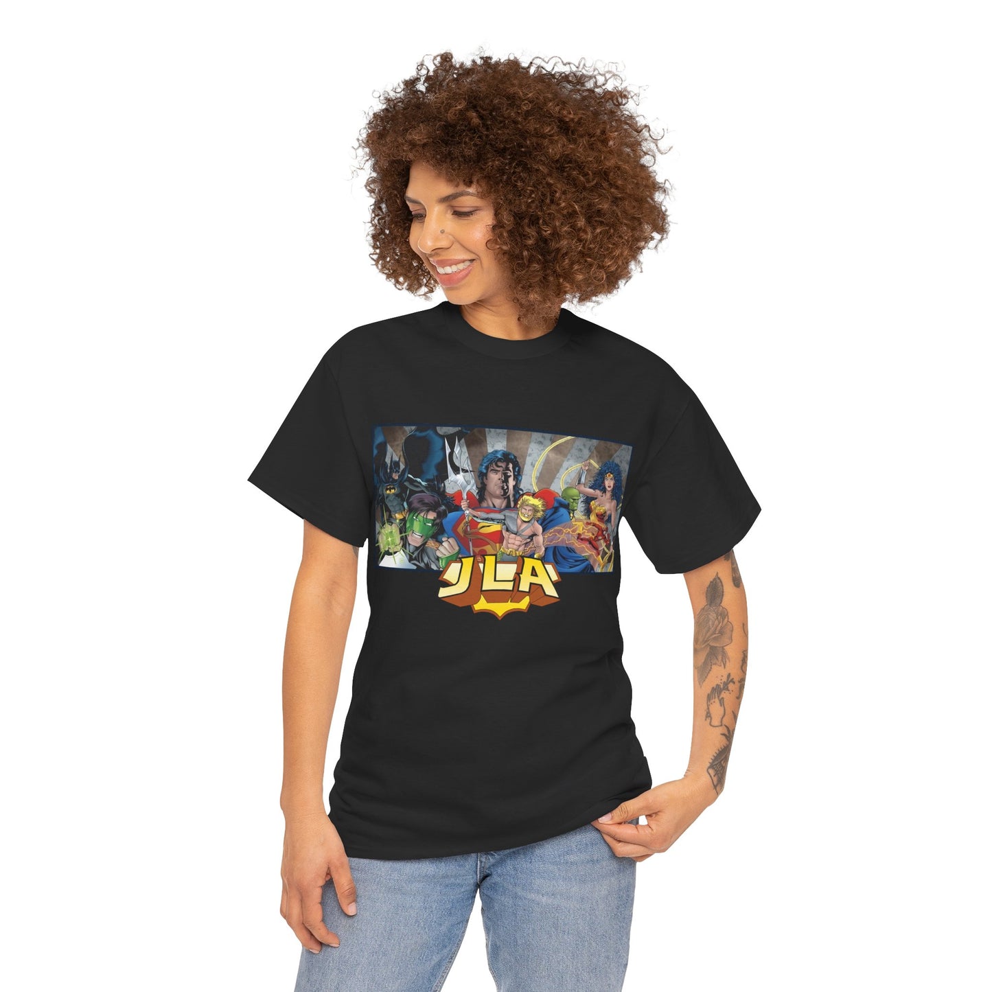 Justice League T-Shirt - Kevin Maguire Art - Superman, Wonder Woman, Batman, Flash, Aquaman, Martian Manhunter, Green Lantern - 90s Lineup - DC Comics