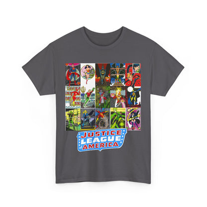JLA Postcard T-Shirt - George Perez Art - Zatanna, Green Lantern, Flash, Batman, Hawkman, Wonder Woman, Firestorm - Justice League of America - DC Comics