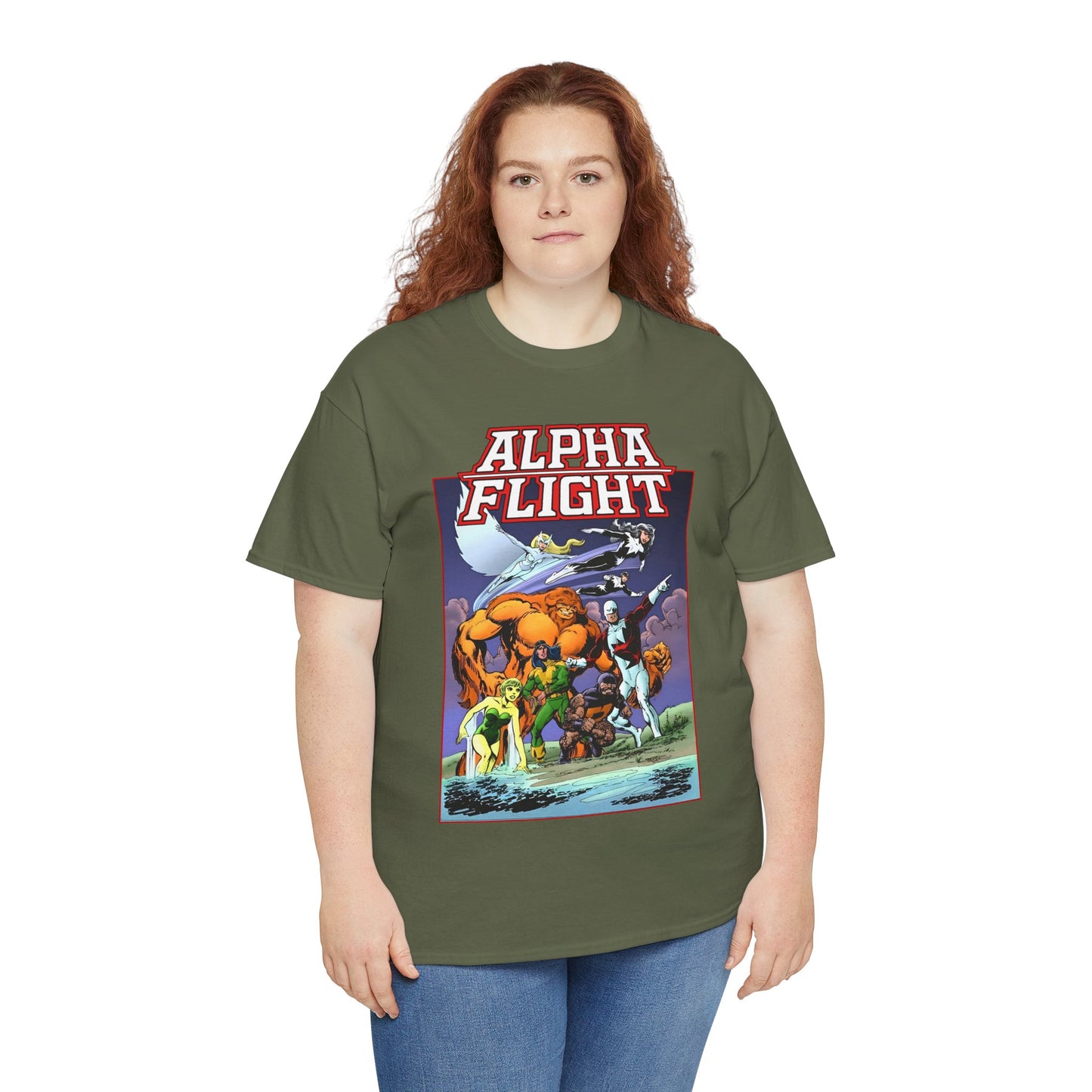 Alpha Flight T-Shirt - John Byrne Art - Guardian, Aurora, Northstar, Shaman, Snowbird, Puck - Marvel Comics - Canada's Super-Team