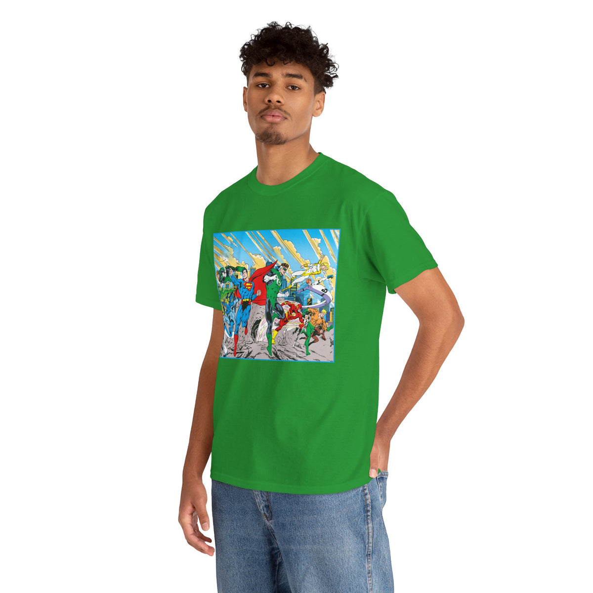 Justice League America/Europe T-Shirt - Dan Jurgens Art - Superman, Blue Beetle, Booster Gold, Green Lantern, Aquaman, Power Girl, Guy Gardner, Flash - DC Comics
