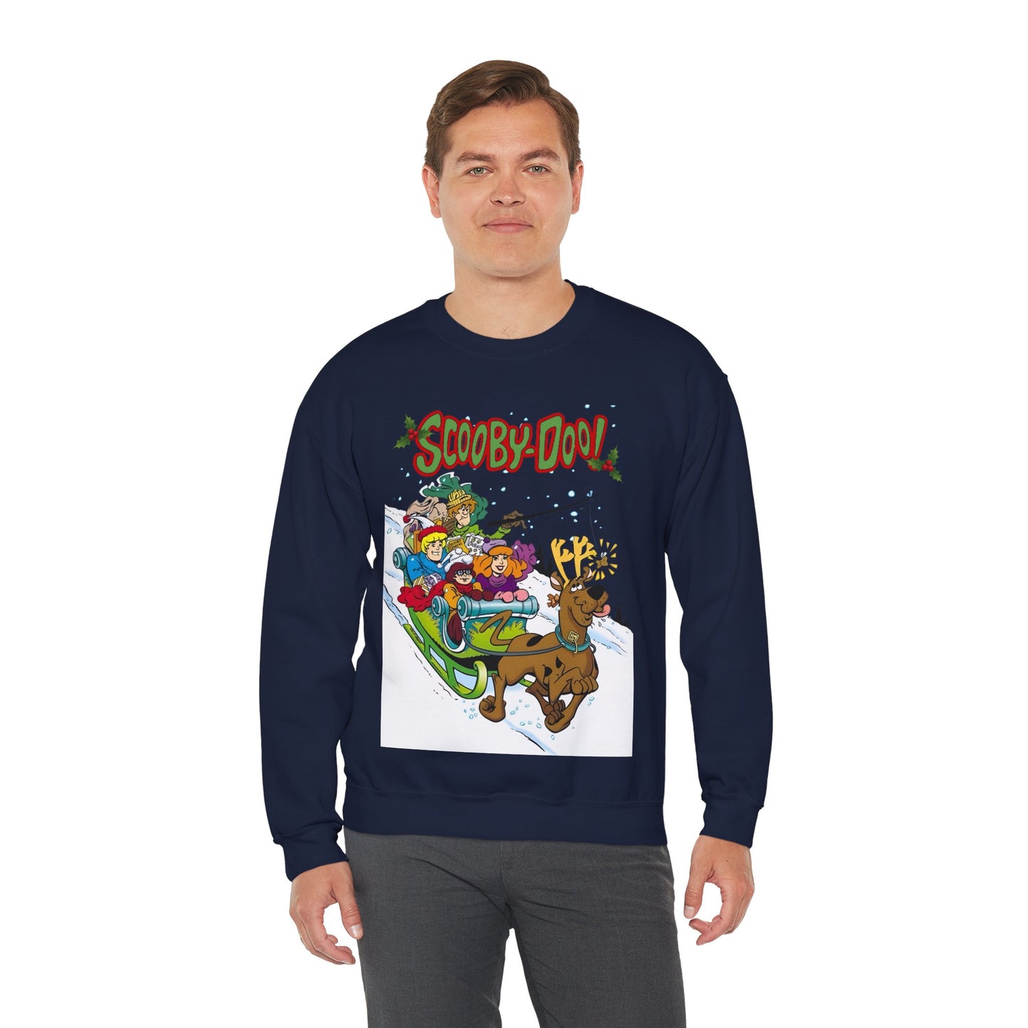 Scooby Doo Christmas Crewneck Sweatshirt - Shaggy, Daphne, Velma, Fred Sleighing Through the Snow