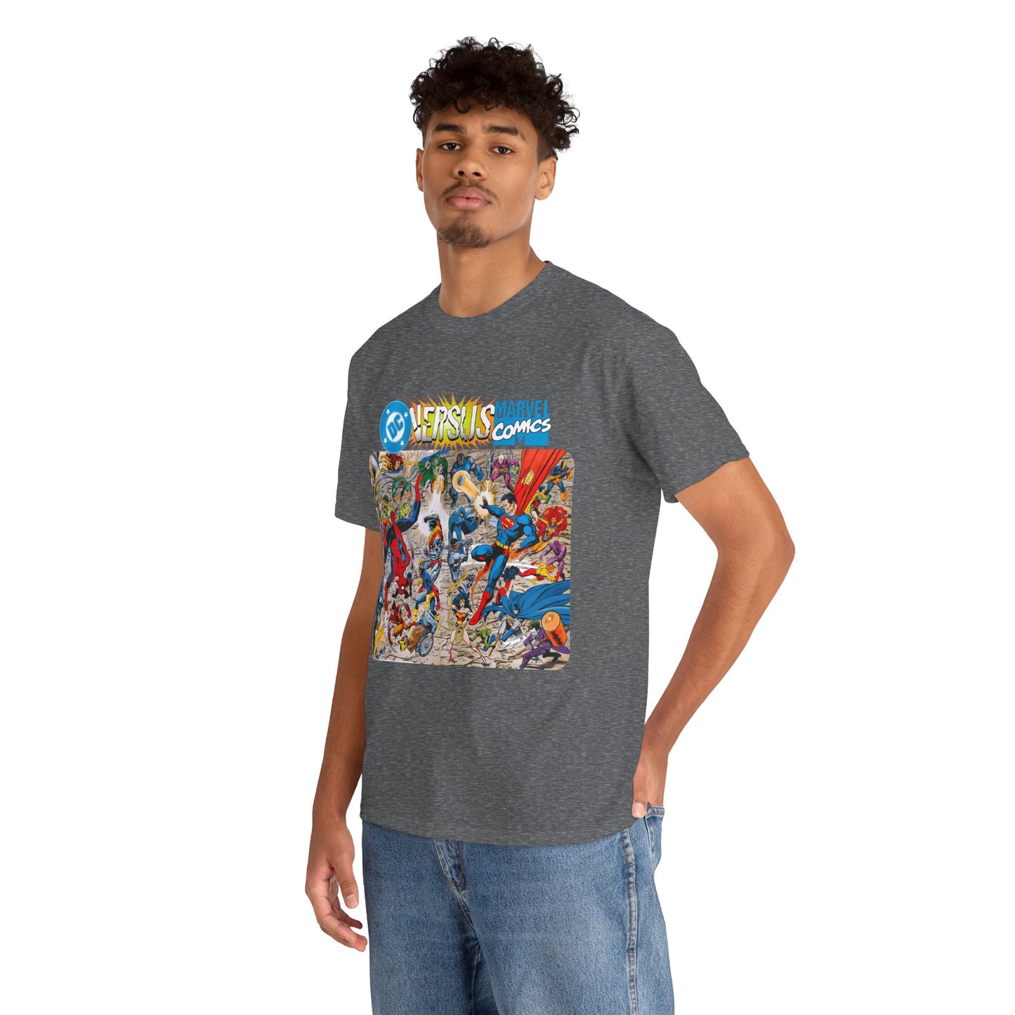 DC Comics Vs Marvel T-Shirt - John Byrne Art - Spider-Man, Raven, Cyborg, Wolverine, Joker, Superman, Batman, Deathstroke, Darkseid