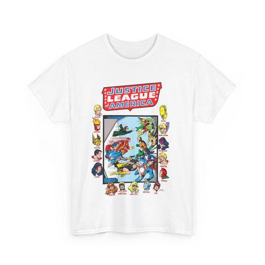 JLA & JSA T-Shirt - George Perez Art - All-Star Squadron - Firestorm, Huntress, Starman, Zatanna, Liberty Belle, Superman, Robotman, Firebrand, Dr Fate - DC Comics