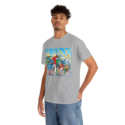 Justice League America/Europe T-Shirt - Dan Jurgens Art - Superman, Blue Beetle, Booster Gold, Green Lantern, Aquaman, Power Girl, Guy Gardner, Flash - DC Comics