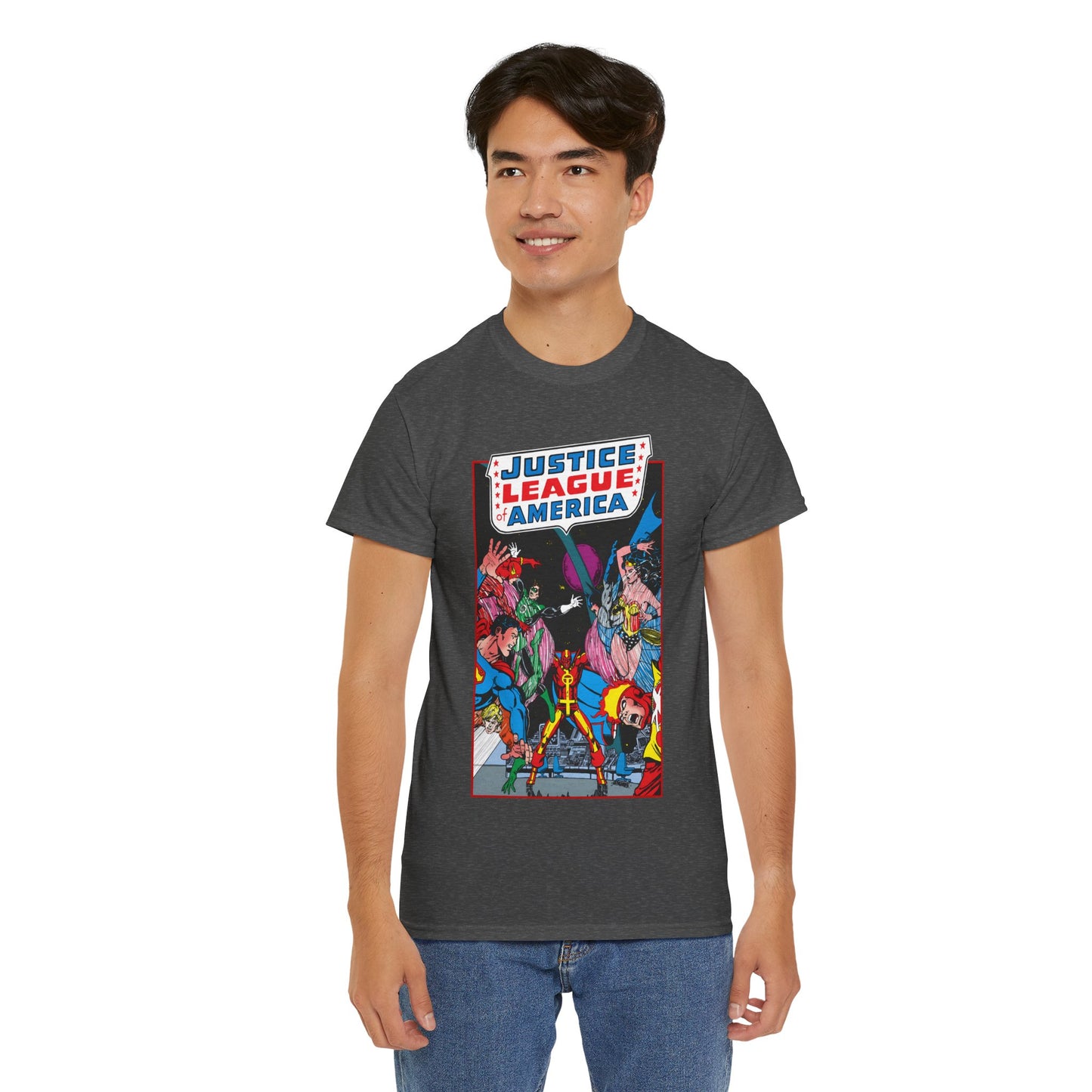 Justice League of America T-Shirt - George Perez Art - 1980s Satellite Era - Superman, Wonder Woman, Firestorm, Green Lantern, Batman - DC Comics