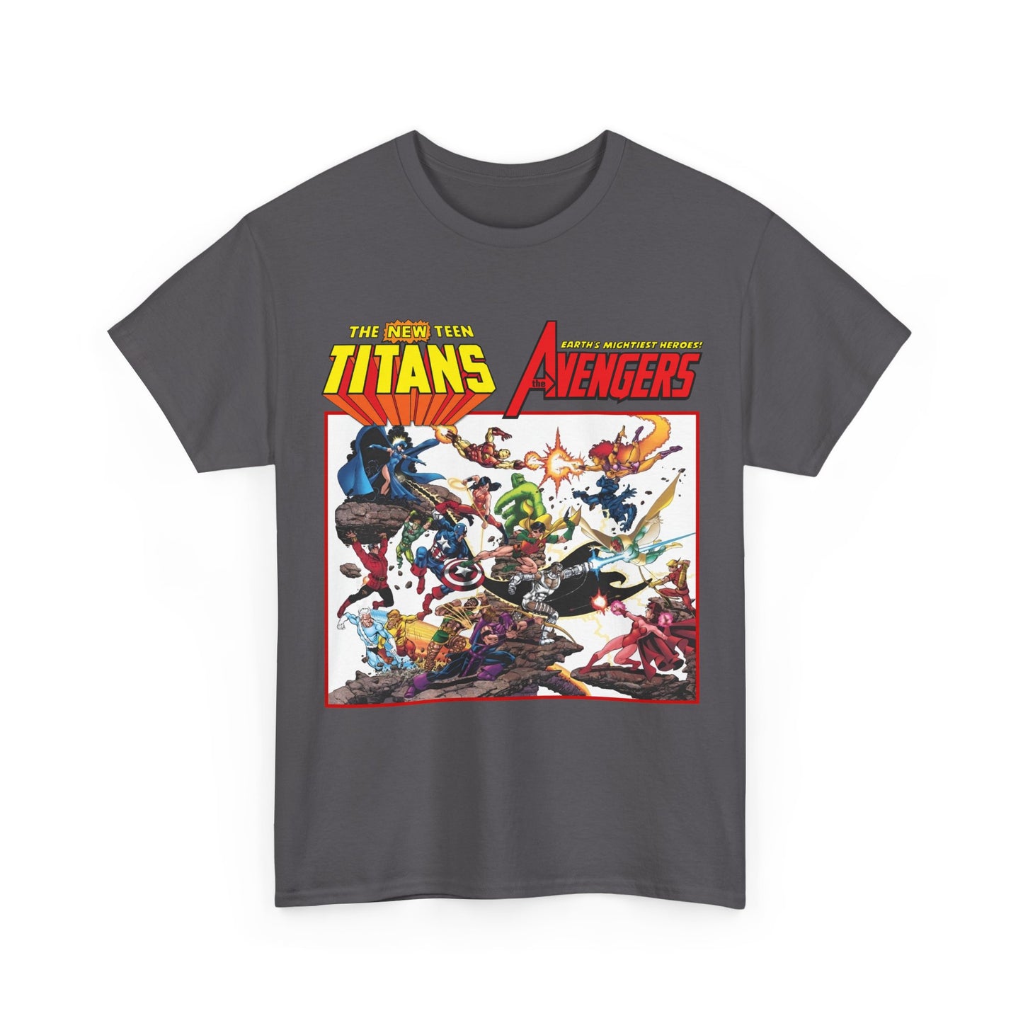 New Teen Titans Vs Avengers T-Shirt - George Perez Art - Hawkeye, Wonder Man, Raven, Starfire, Cyborg, Scarlet Witch, Wonder Girl - DC Comics & Marvel Comics