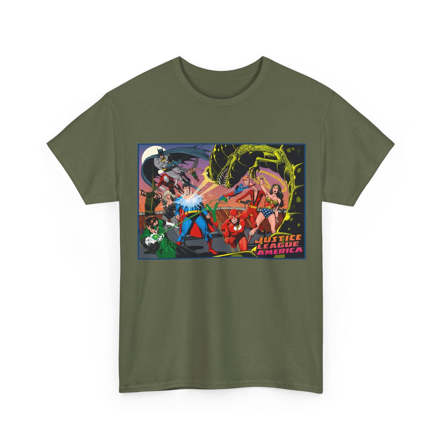 Justice League of America T-Shirt - Brian Bolland Art - Superman, Green Lantern, Wonder Woman, Batman, Flash, Elongated Man, Black Canary, Green Arrow, Atom - DC Comics