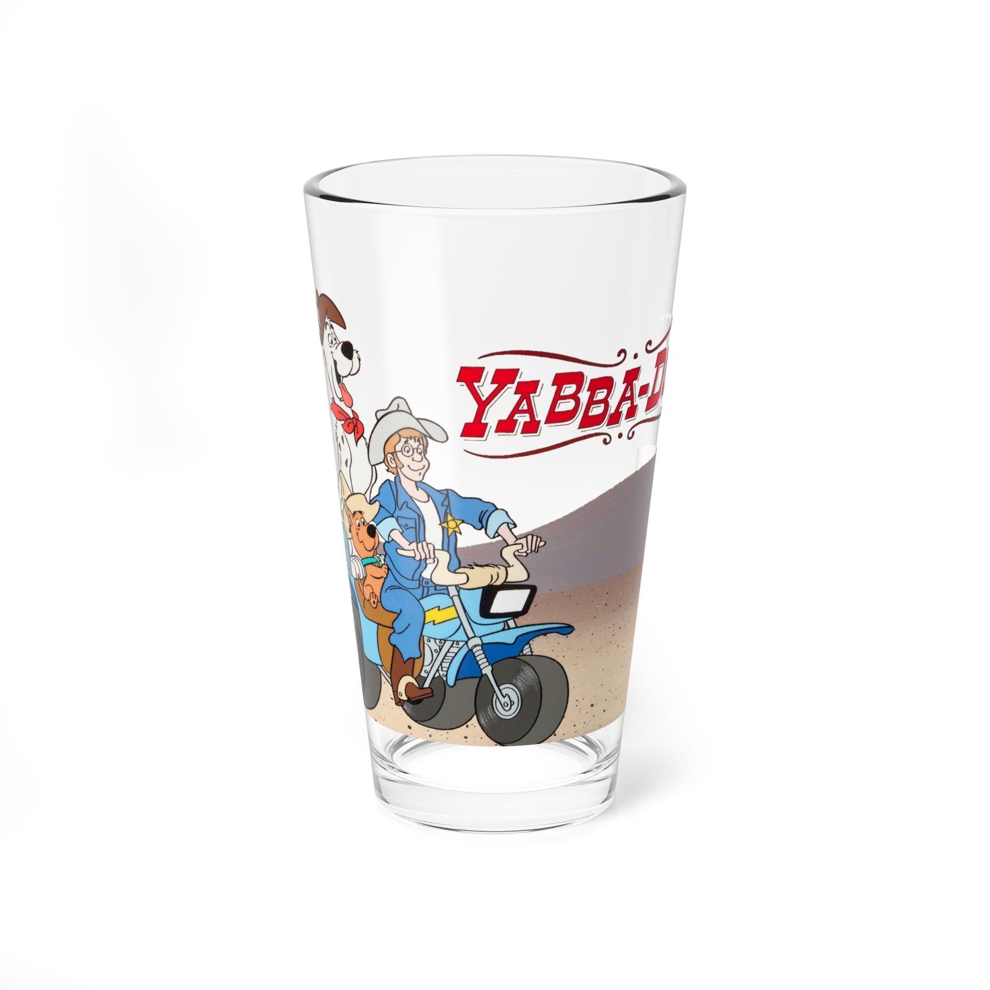 Clear glass with cartoon character and 'Yabba-Dubba' text on a white background