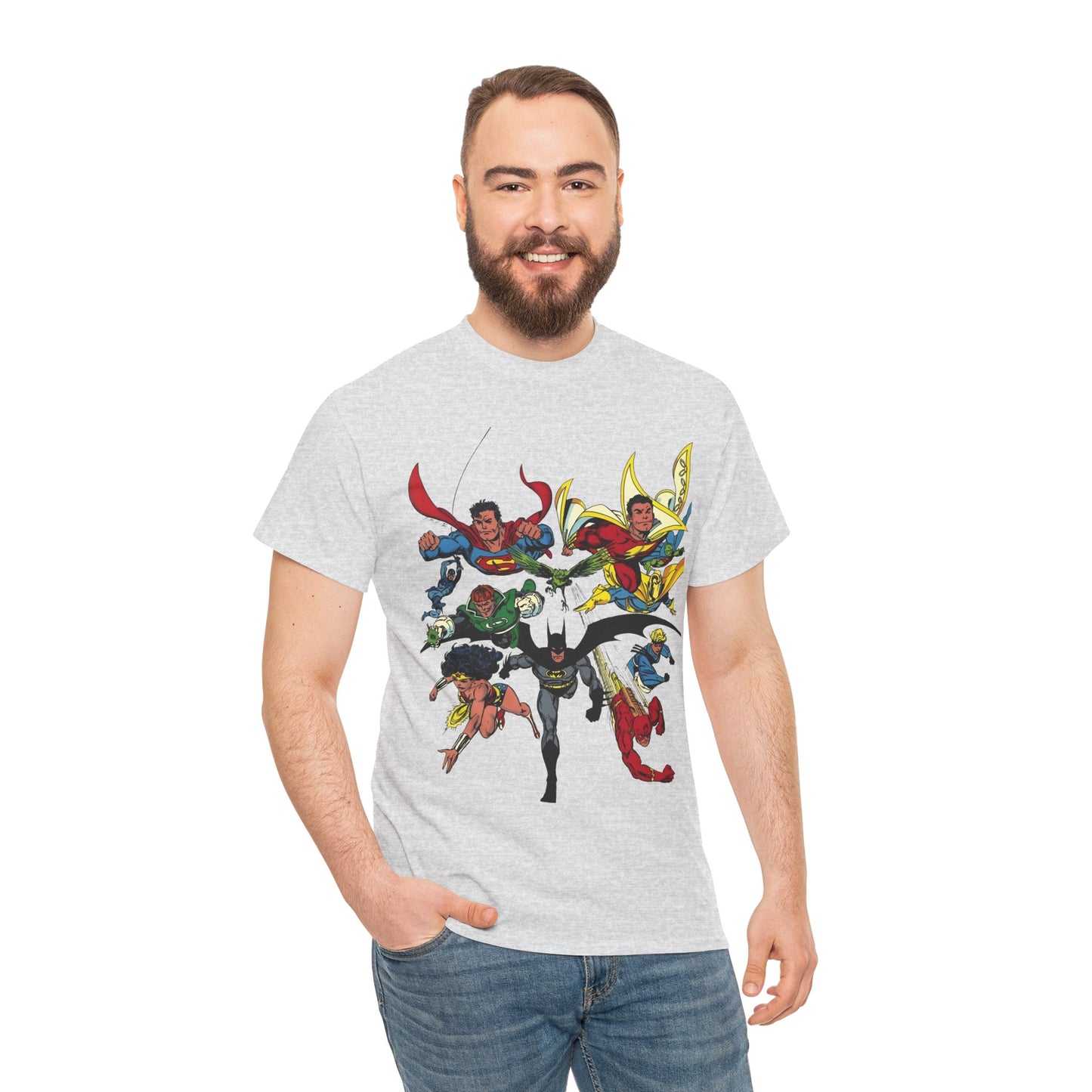DC Legends T-Shirt - John Byrne Art - Superman, Wonder Woman, Guy Gardner, Flash, Blue Beetle, Shazam, Dr Fate, Changeling - DC Comics