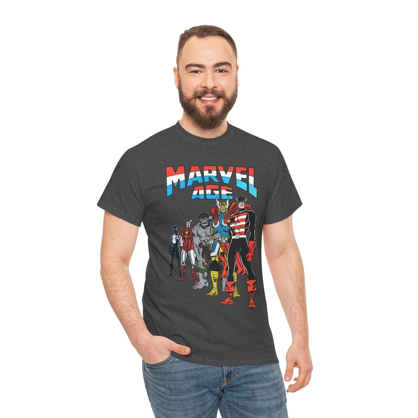 Marvel Age T-Shirt - Captain America, Thor, Incredible Hulk, Iron Man, Spider-Man - New Looks for the 80s