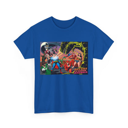 Justice League of America T-Shirt - Brian Bolland Art - Superman, Green Lantern, Wonder Woman, Batman, Flash, Elongated Man, Black Canary, Green Arrow, Atom - DC Comics