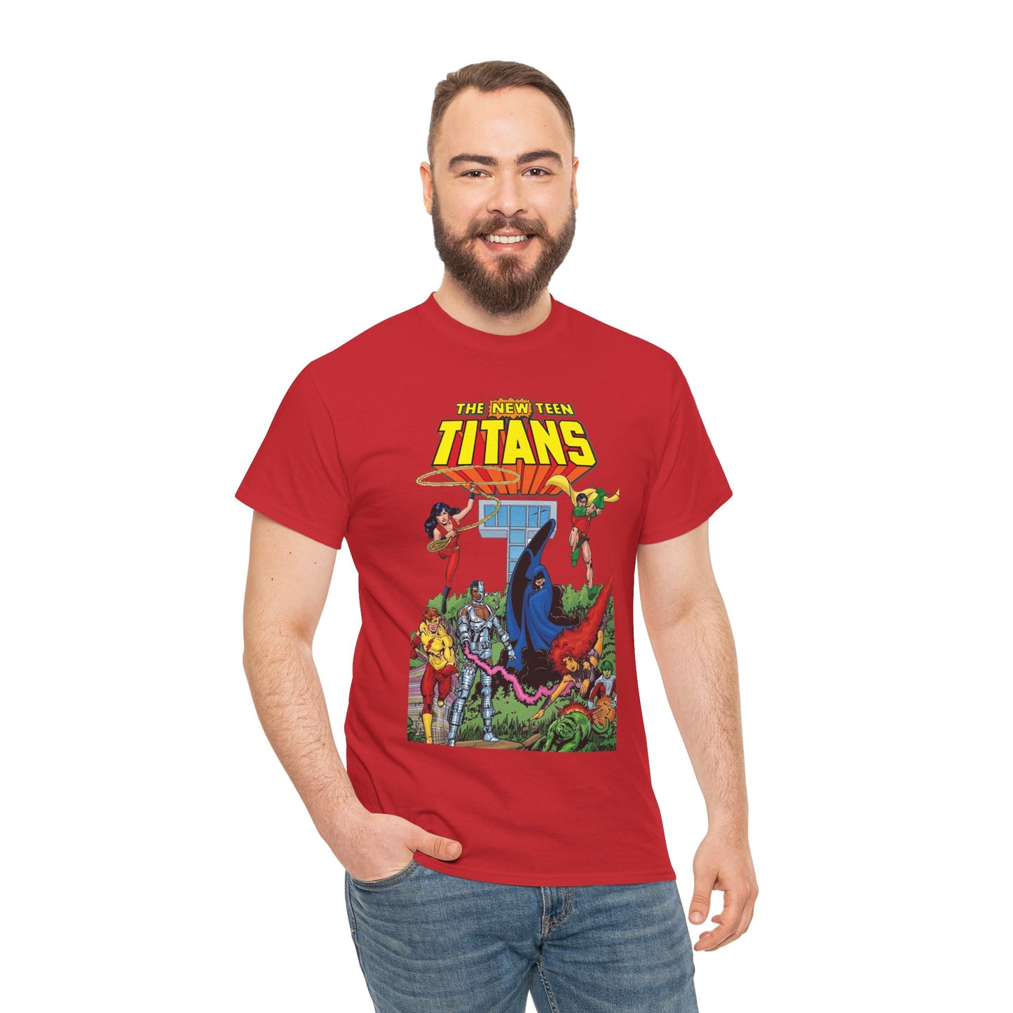 New Teen Titans T-Shirt - George Perez Art - Robin, Wonder Girl, Cyborg, Raven, Changeling, Starfire, Kid Flash - Titans Tower - DC Comics