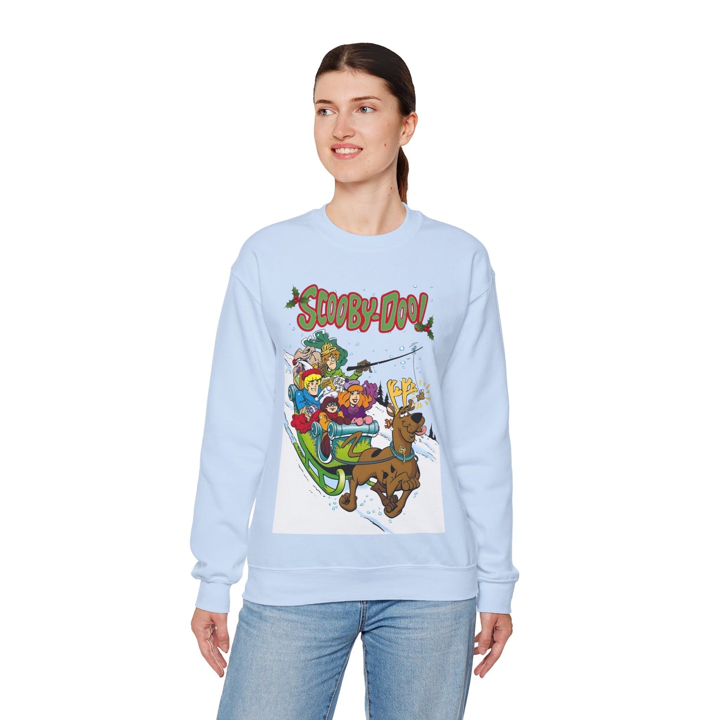 Scooby Doo Christmas Crewneck Sweatshirt - Shaggy, Daphne, Velma, Fred Sleighing Through the Snow