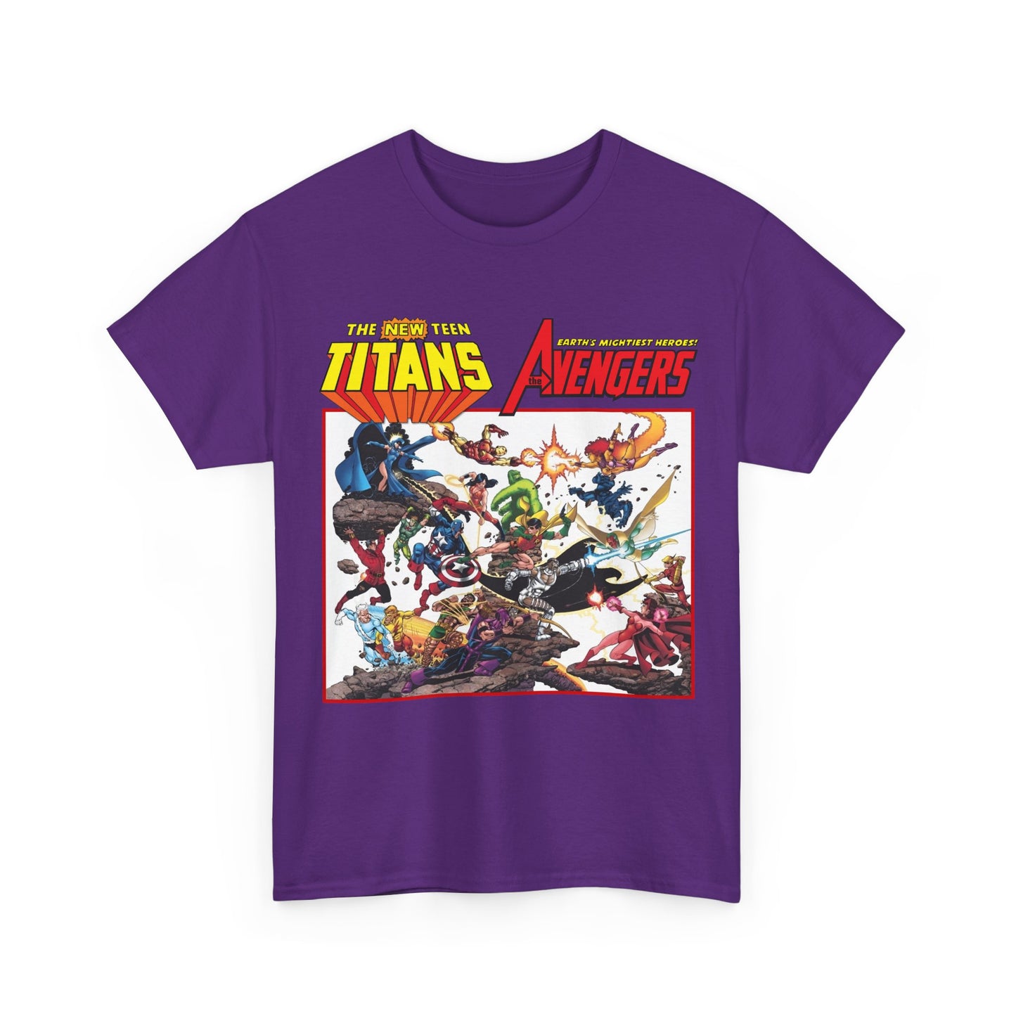 Purple t-shirt with 'New Teen Titans & Avengers' graphic design on a white background. The shirt features many popular DC & Marvel Comics characters like Iron Man, Raven, Wonder Man, Scarlet Witch, Cyborg, and Starfire.