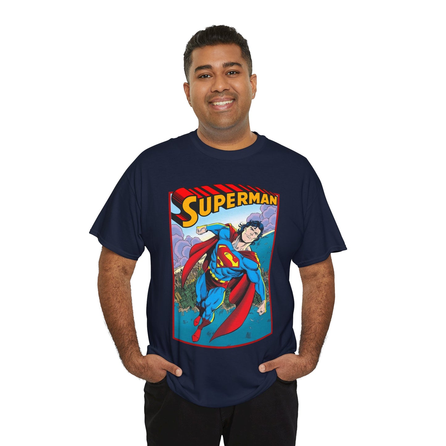 Superman T-Shirt - Tom Grummett Art - DC Comics - Metropolis, Man of Steel Flying Through the Sky - Post-Reign of the Supermen Storyline Artwork