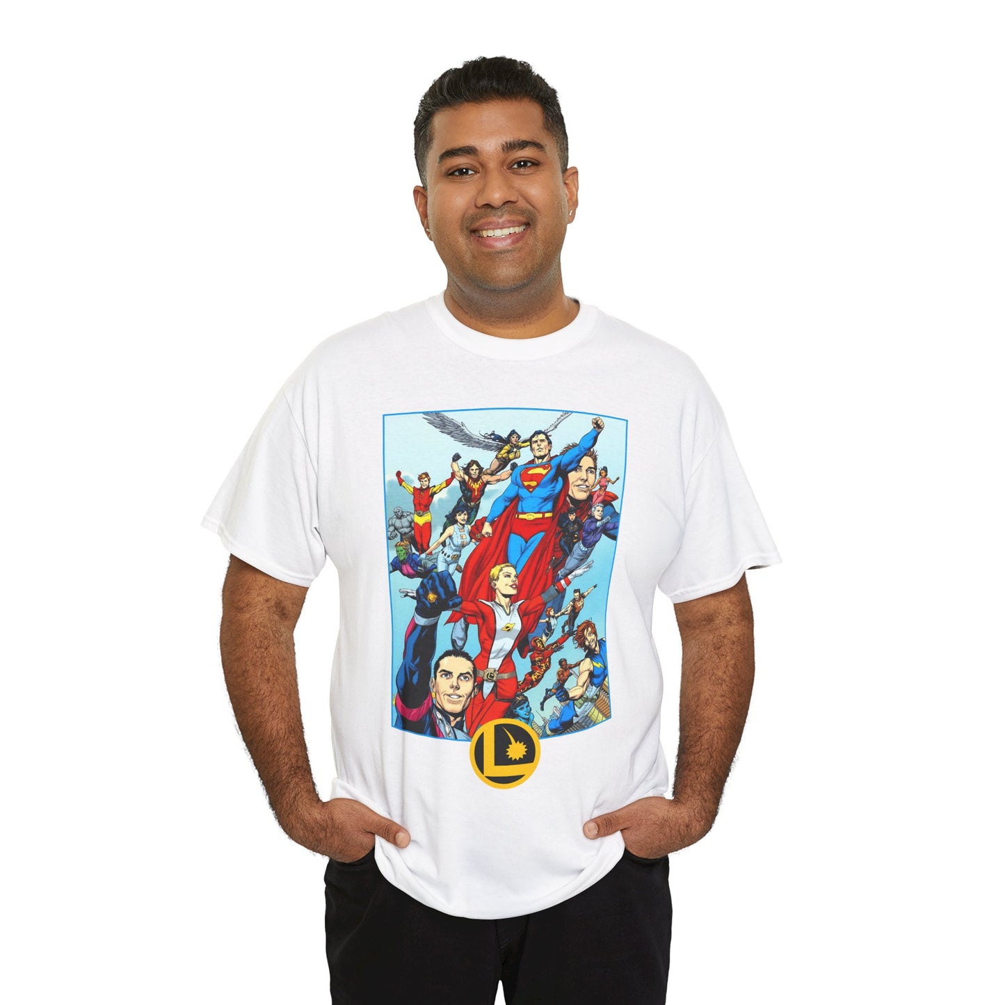 Legion of Super-Heroes T-Shirt - Gary Frank Art - Superman, Saturn Girl, Cosmic Boy, Dawnstar, Brainiac 5, Phantom Girl, Wildfire, Blok, Lightning Lad, Timber Wolf - LOSH - DC Comics