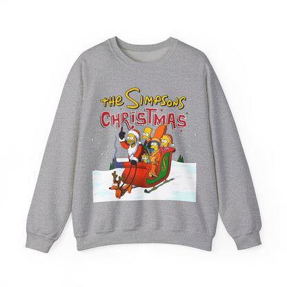 Simpsons Family Christmas Crewneck Sweatshirt - Homer, Marge, Bart, Lisa, Maggie - Riding a Christmas Sleigh Through the Winter Snow