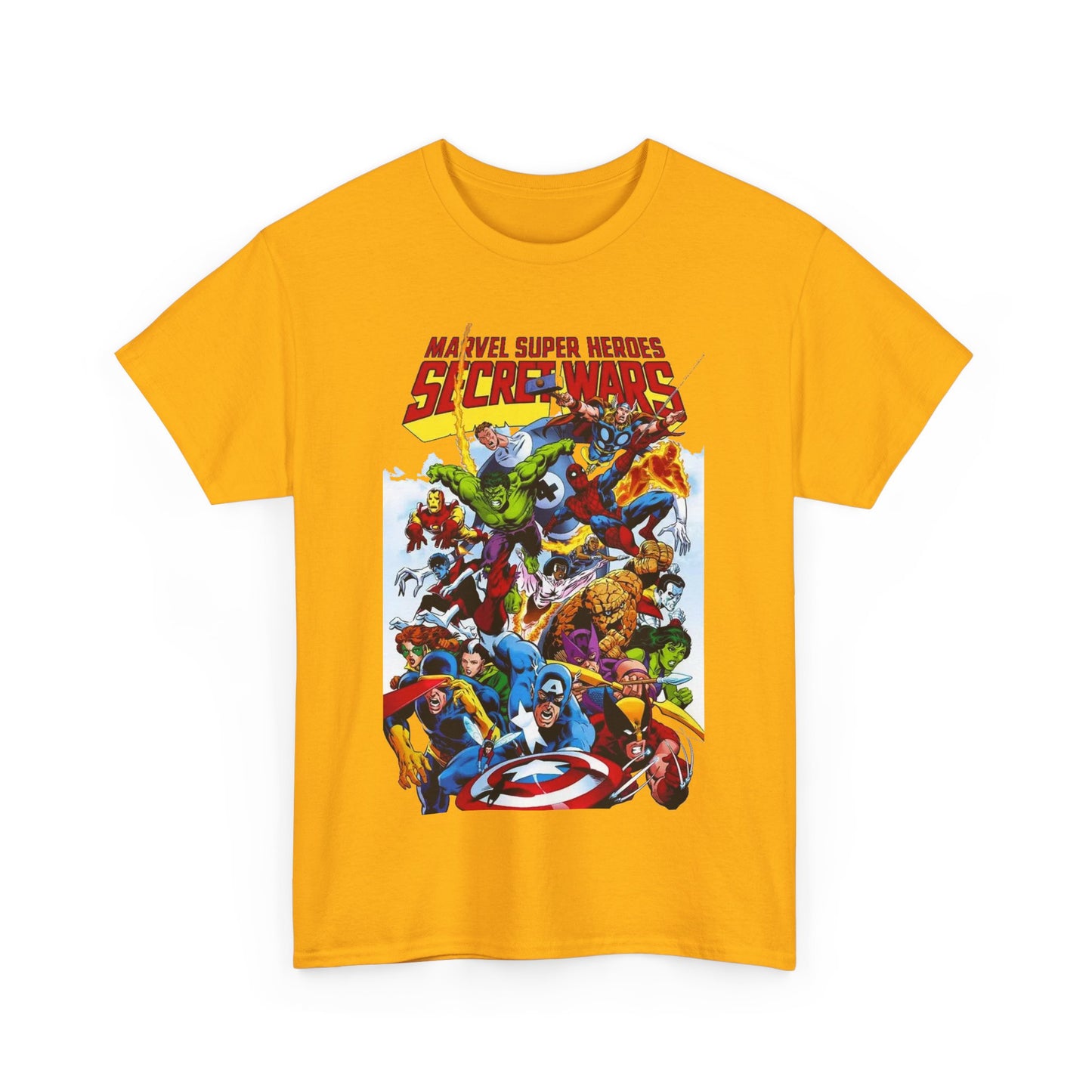 Secret Wars T-Shirt - Spider-man, Wolverine, Iron Man, Captain America, Cyclops, Rogue, Hulk, Mr Fantastic, The Thing - Classic Marvel Comics 1980s Series - The Beyonder