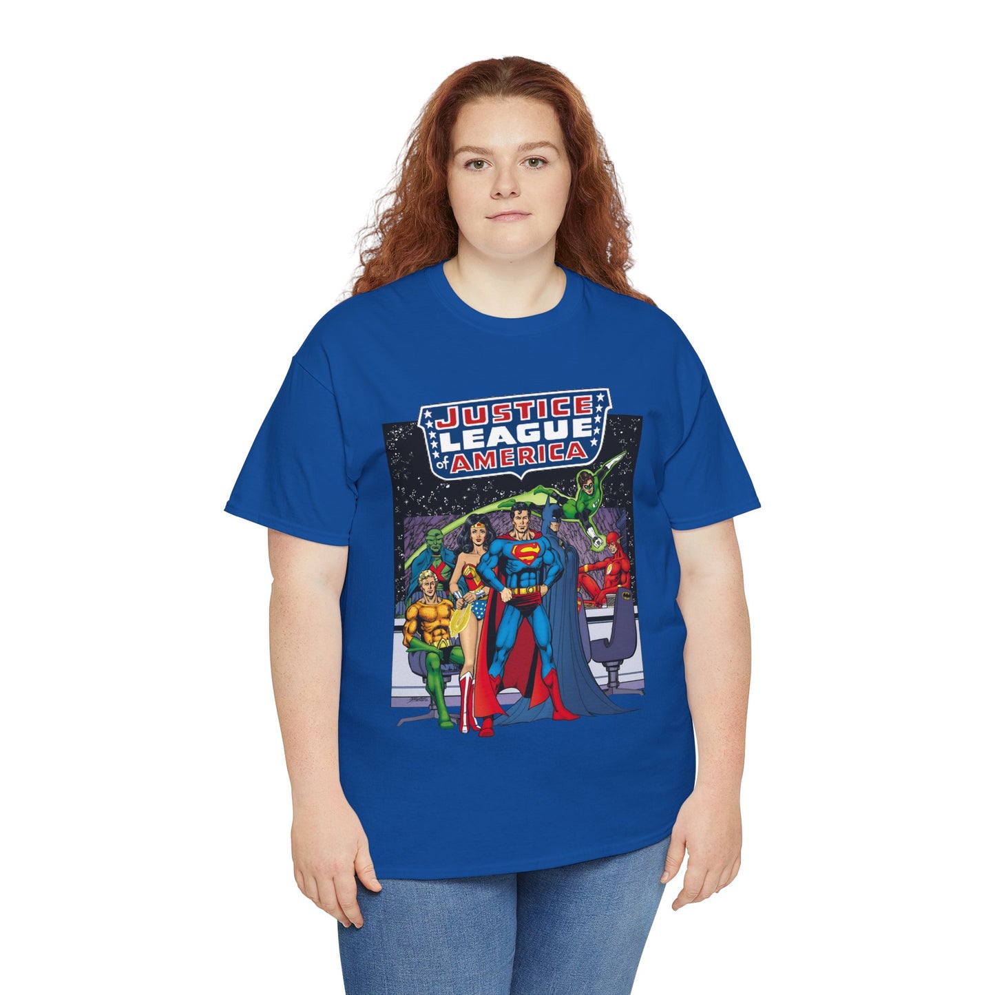 Justice League T-Shirt - George Perez Art - JLA Satellite Era - Superman, Wonder Woman, Green Lantern, Batman, Flash, Aquaman, Martian Manhunter - DC Comics