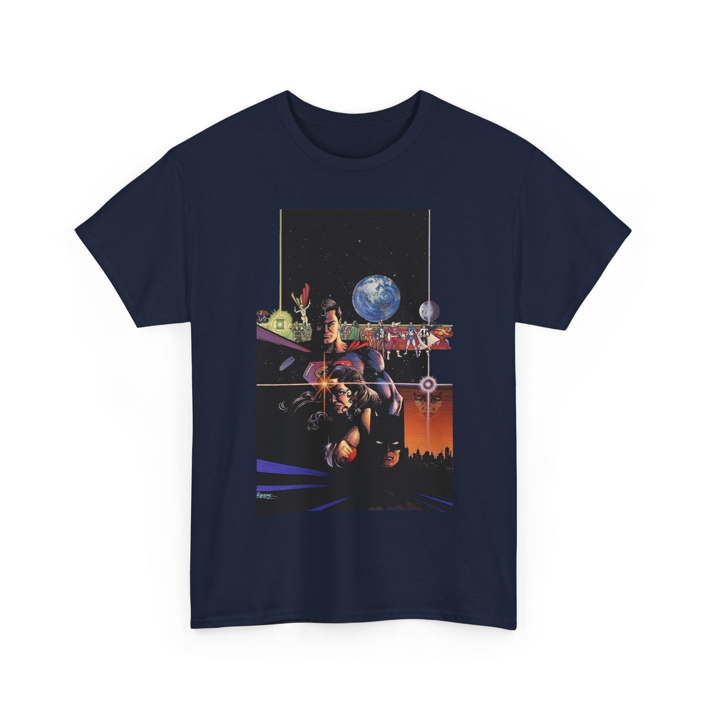 Crisis on Infinite Earths T-Shirt - George Perez Art - Superman, Batman, Wonder Woman, Captain Marvel, Blue Beetle, Kid Flash - Retro 1980s - DC Comics