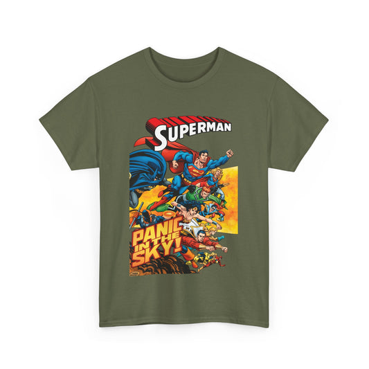 Superman - Panic in the Sky T-Shirt - Dan Jurgens Art - Vs Brainiac & Maxima - Wonder Woman, Booster Gold, Shazam, Batman, Flash, Aquaman, Supergirl - DC Comics