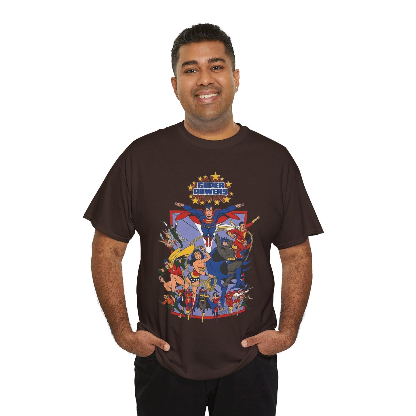 Super Powers T-Shirt - Superman, Flash, Wonder Woman, Batman, Batgirl, Robin, Plastic Man, Aquaman, Hawkman, Supergirl - 1980s Kenner Toy Line - Retro DC Comics