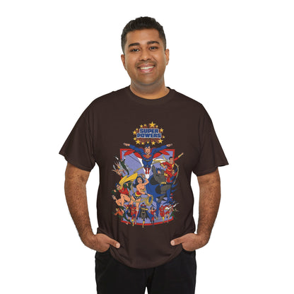 Super Powers T-Shirt - Superman, Flash, Wonder Woman, Batman, Batgirl, Robin, Plastic Man, Aquaman, Hawkman, Supergirl - 1980s Kenner Toy Line - Retro DC Comics
