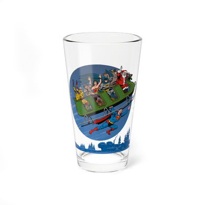 Superman, Santa Claus & the DC Super-Heroes Christmas Pint Glass 16 oz - Batman Wonder Woman - Retro-Style Festive Holiday Barware