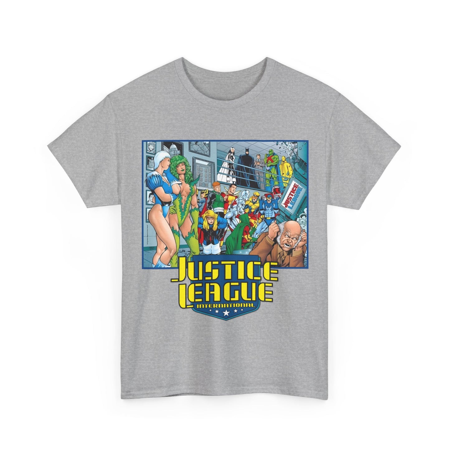 Justice League International T-Shirt - Kevin Maguire Art - Blue Beetle, Booster Gold, Martian Manhunter, Captain Atom, Batman, Fire, Ice - DC Comics - JLI