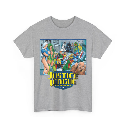 Justice League International T-Shirt - Kevin Maguire Art - Blue Beetle, Booster Gold, Martian Manhunter, Captain Atom, Batman, Fire, Ice - DC Comics - JLI