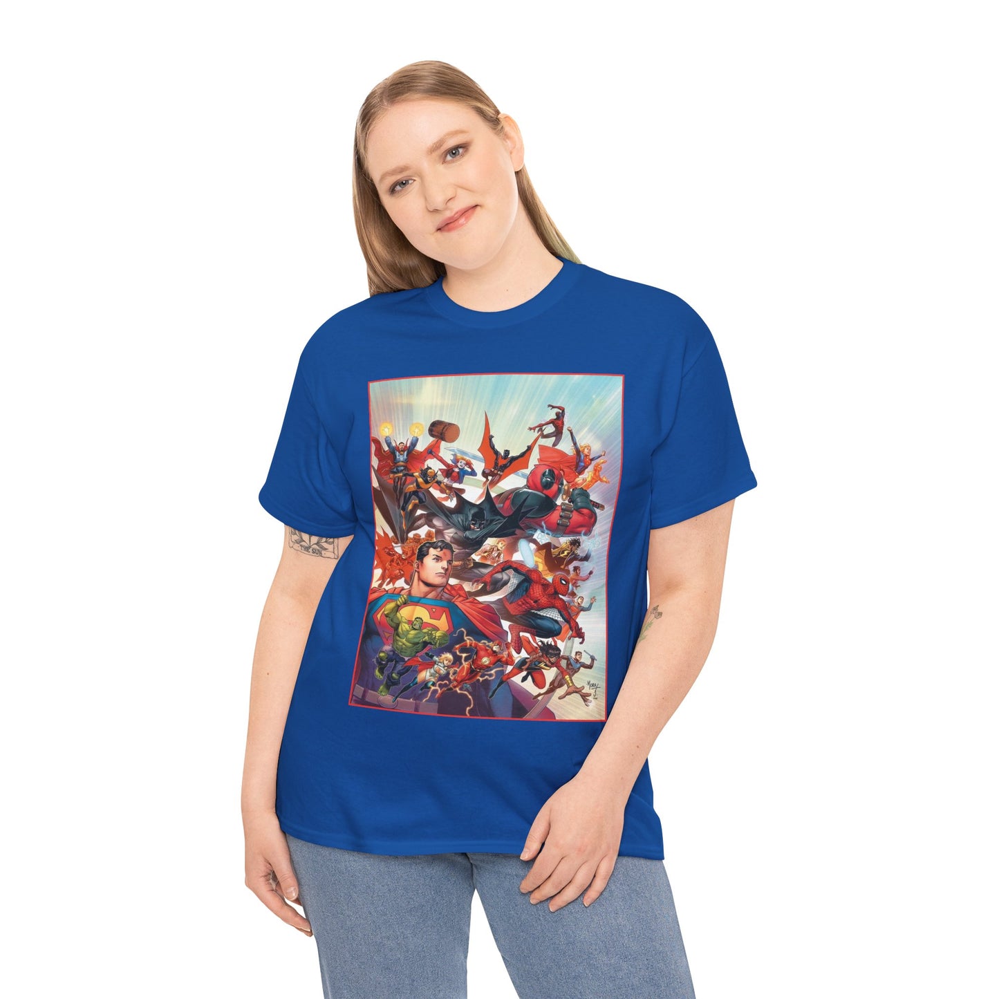 DC/Marvel T-Shirt - The Cosmic Kiss Caper & Other Stories Cover Art - Superman, Deadpool, Spider-Man, Harley Quinn, Batman Beyond, Static, Dr. Strange - DC Comics/Marvel