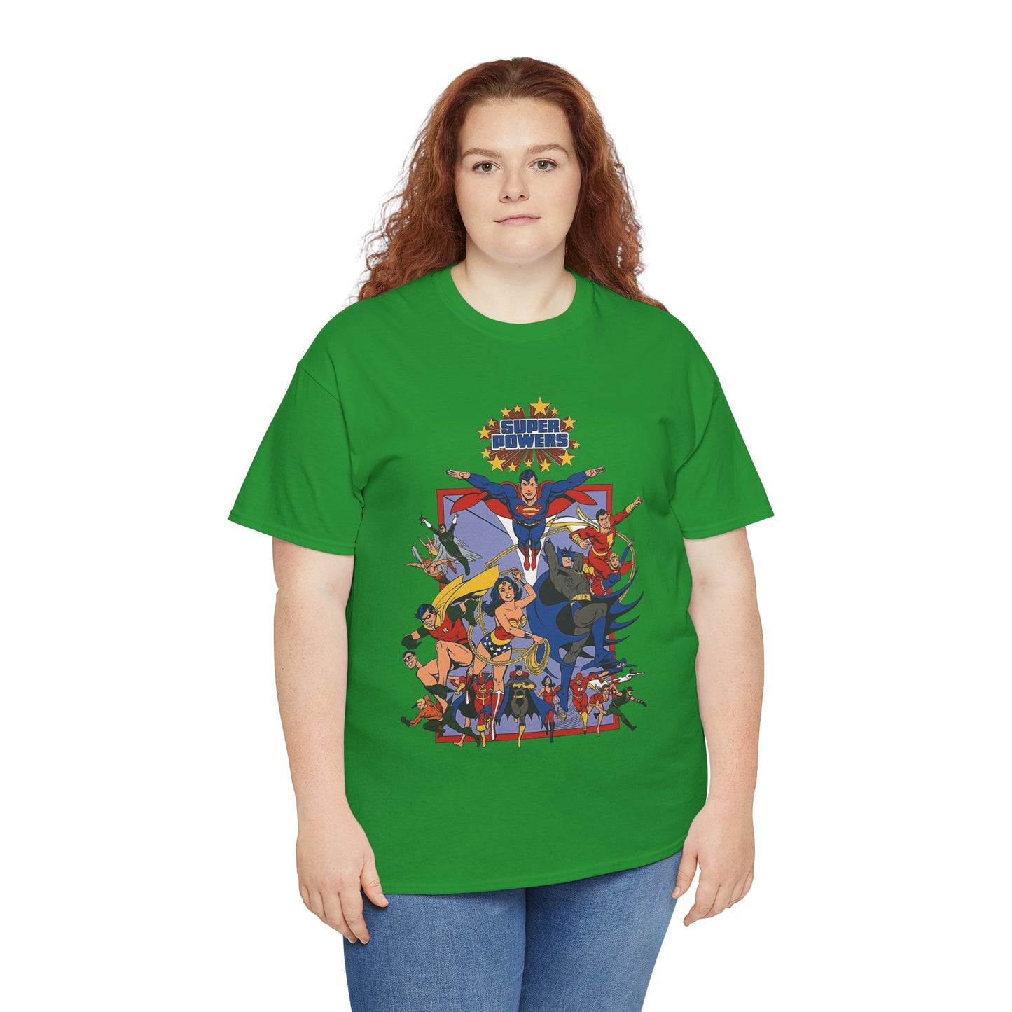 Super Powers T-Shirt - Superman, Flash, Wonder Woman, Batman, Batgirl, Robin, Plastic Man, Aquaman, Hawkman, Supergirl - 1980s Kenner Toy Line - Retro DC Comics