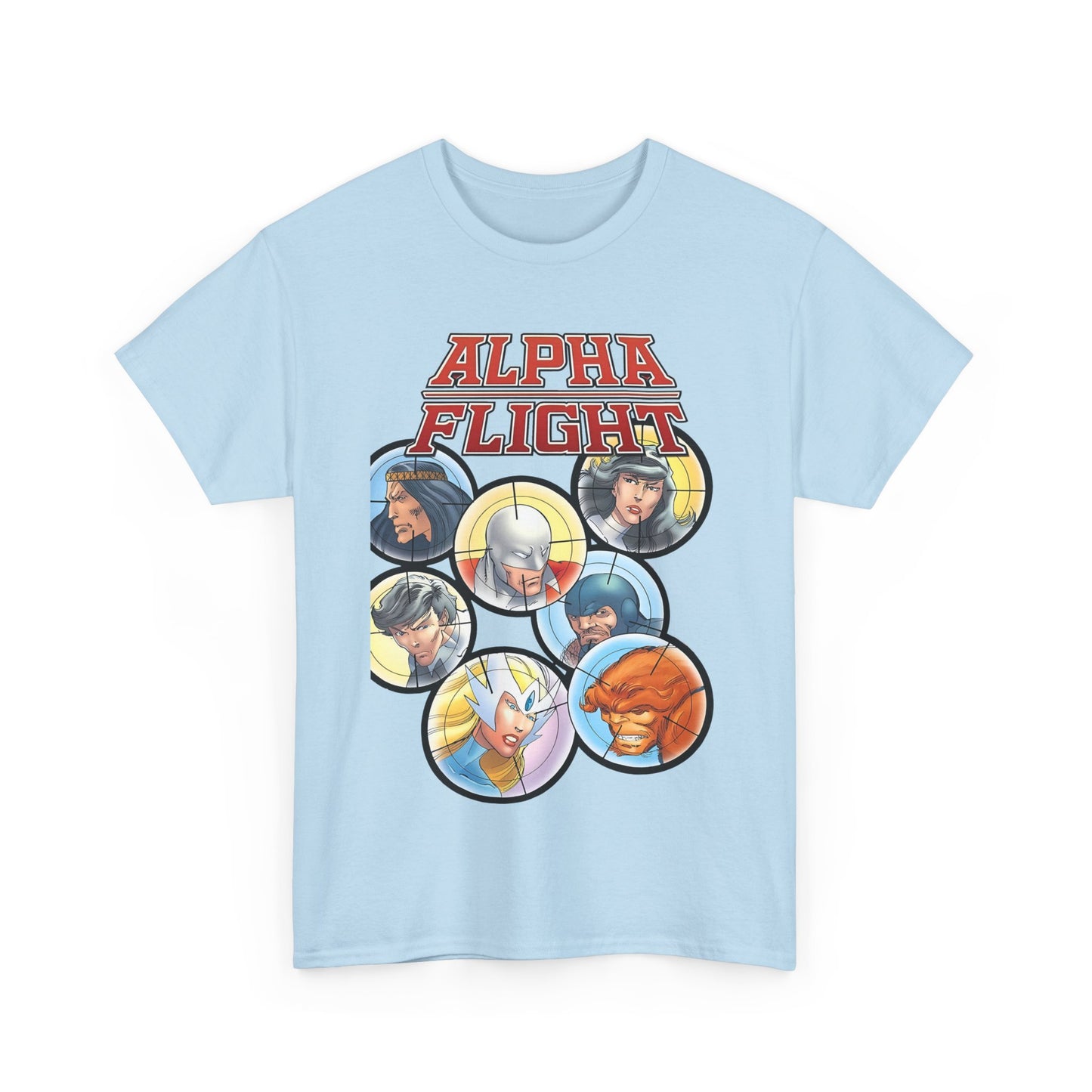 Alpha Flight T-Shirt - John Byrne Art - Guardian, Aurora, Northstar, Sasquatch, Shaman, Puck, Snowbird - Canada's Super Heroes - Marvel Comics