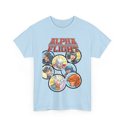 Alpha Flight T-Shirt - John Byrne Art - Guardian, Aurora, Northstar, Sasquatch, Shaman, Puck, Snowbird - Canada's Super Heroes - Marvel Comics