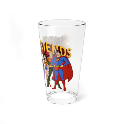 Super Friends Pint Glass, 16oz - Hanna-Barbera Saturday Morning Cartoon - Superman, Batman, Wonder Woman, Aquaman, Robin, Zan, Jayna, Gleek, The Wonder Twins - DC Comics