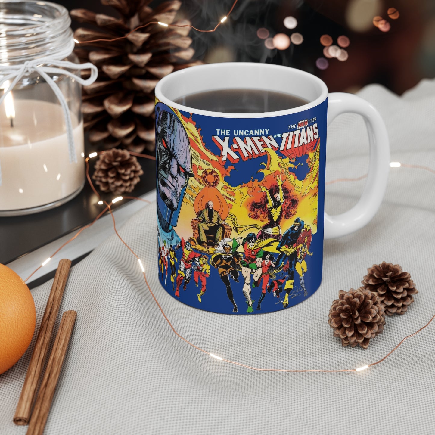 New Teen Titans, Uncanny X-Men Coffee Mug, 11oz - DC & Marvel Comics Crossover - Walt Simonson Art - Cyclops, Wolverine, Dark Phoenix, Cyborg, Raven, Darkseid