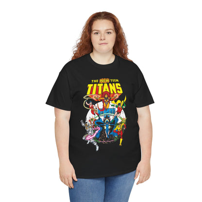 New Teen Titans T-Shirt - Classic George Perez Art - Cyborg, Raven, Starfire, Robin, Wonder Girl, Changeling, Kid Flash - Titans Tower - Popular DC Comics 1980s Series