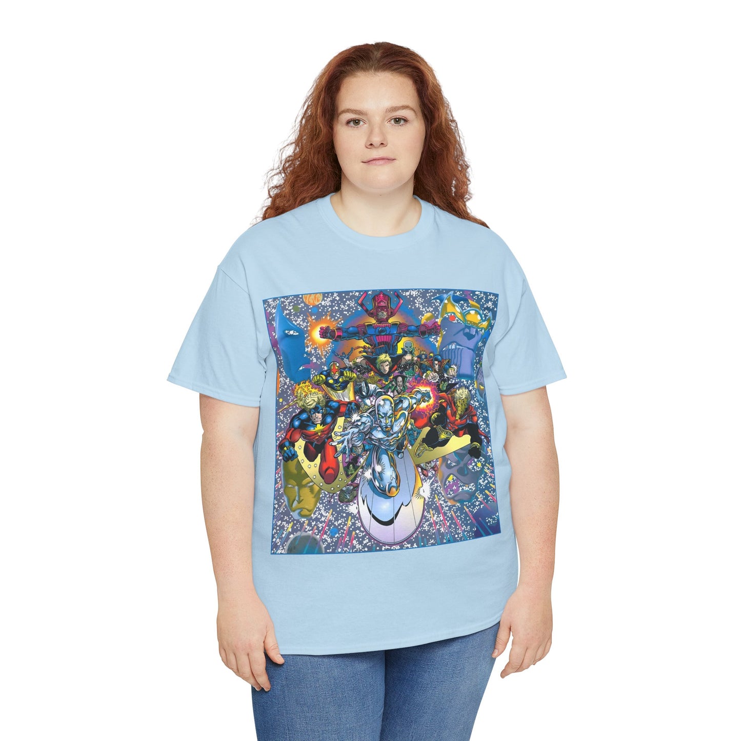 Marvel Cosmic Heroes T-Shirt - Silver Surfer, Captain Marvel, Adam Warlock, Quasar, Nova, Galactus, Jack of Hearts, Moondragon, Thanos