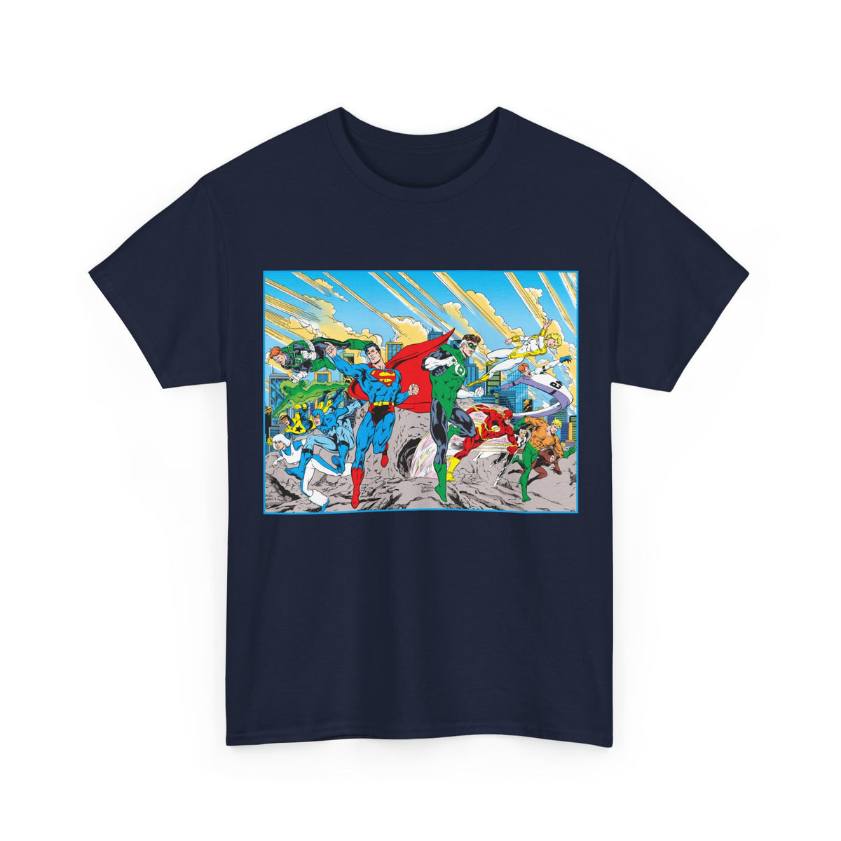 Justice League America/Europe T-Shirt - Dan Jurgens Art - Superman, Blue Beetle, Booster Gold, Green Lantern, Aquaman, Power Girl, Guy Gardner, Flash - DC Comics