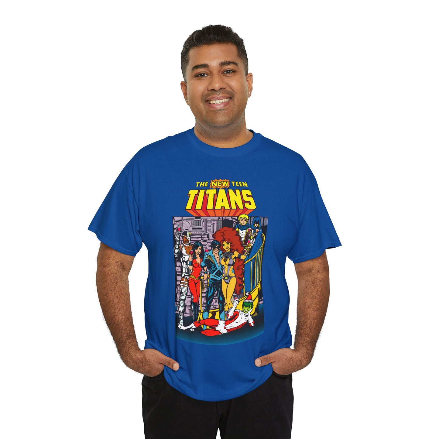 New Teen Titans T-Shirt - George Perez Art - Nightwing, Cyborg, Raven, Starfire, Wonder Girl, Changeling, Jericho - Titans Tower - DC Comics