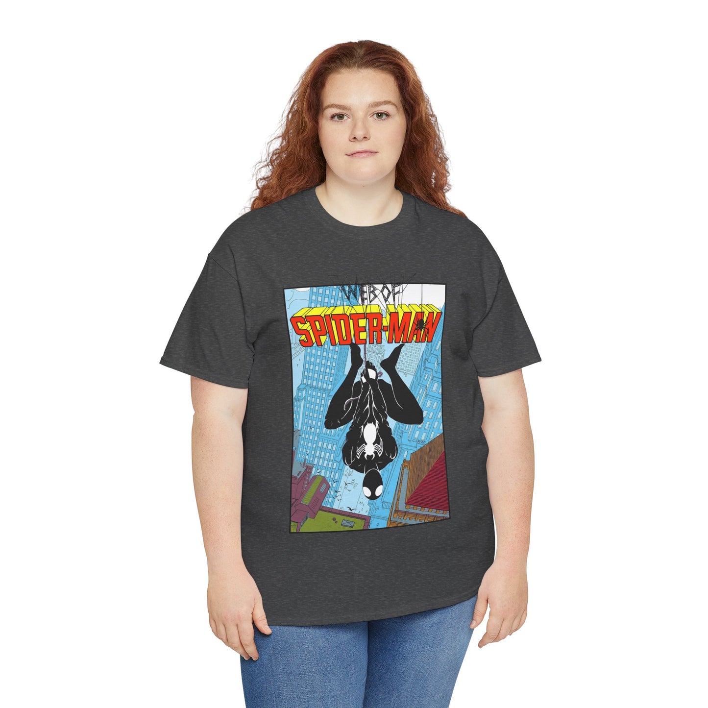 Web of Spider-Man T-Shirt - Charles Vess Art - Peter Parker, Web Slinger - Manhattan Skyline - Spidey Black Suit - Marvel Comics