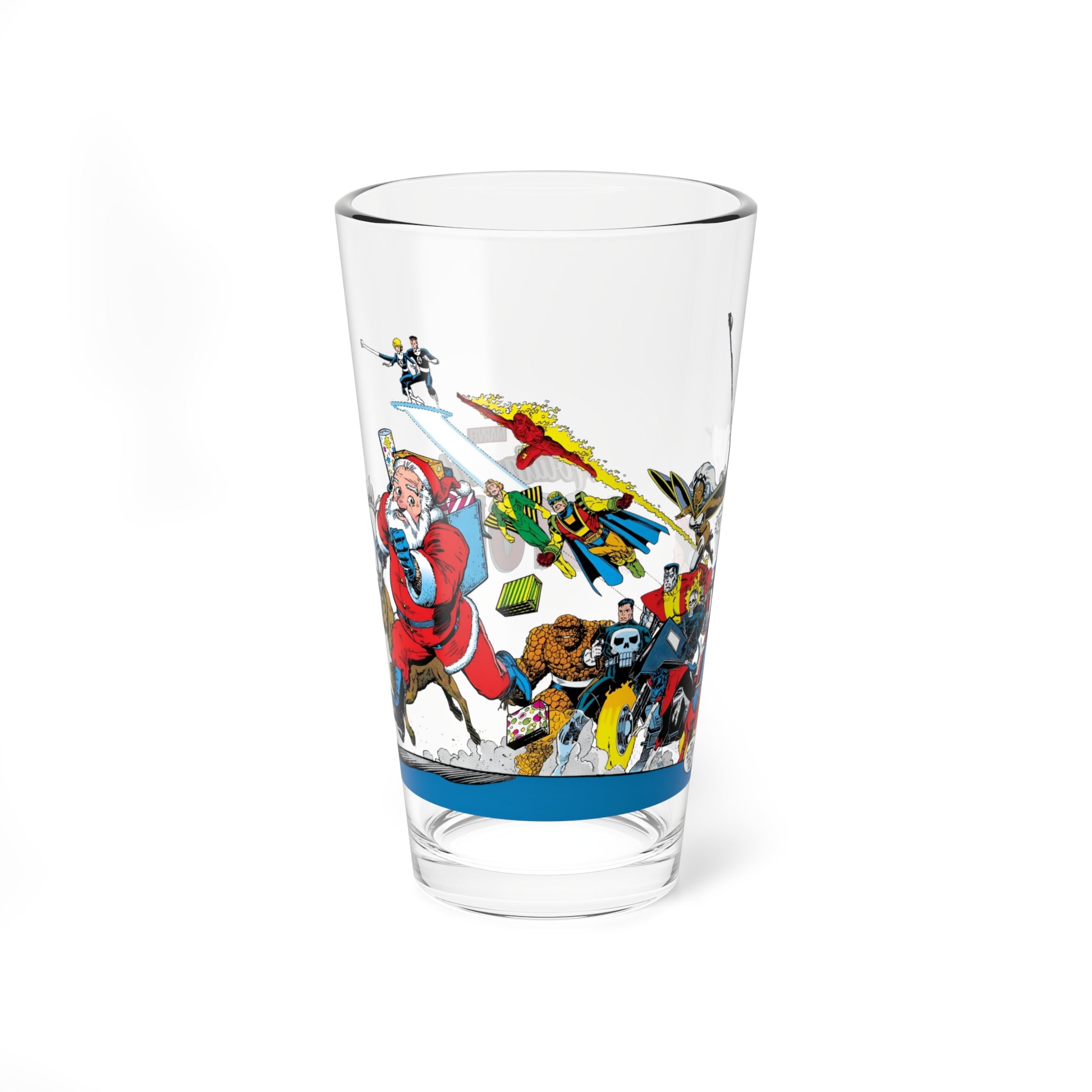 Clear pint glass with Marvel superhero illustrations on a white background