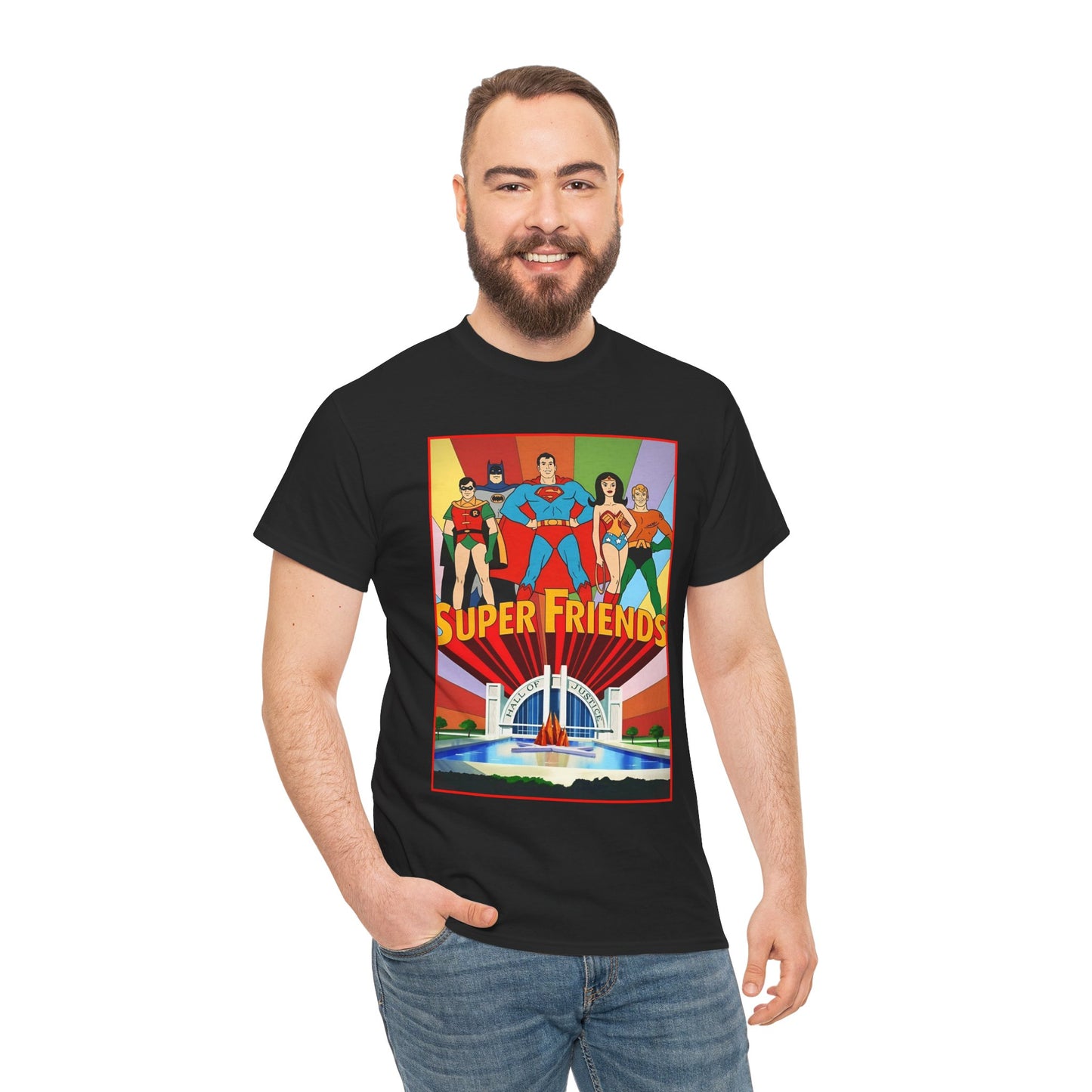 Super Friends T-Shirt - Batman, Superman, Wonder Woman, Robin - Hanna-Barbera Cartoon - DC Comics - Hall of Justice