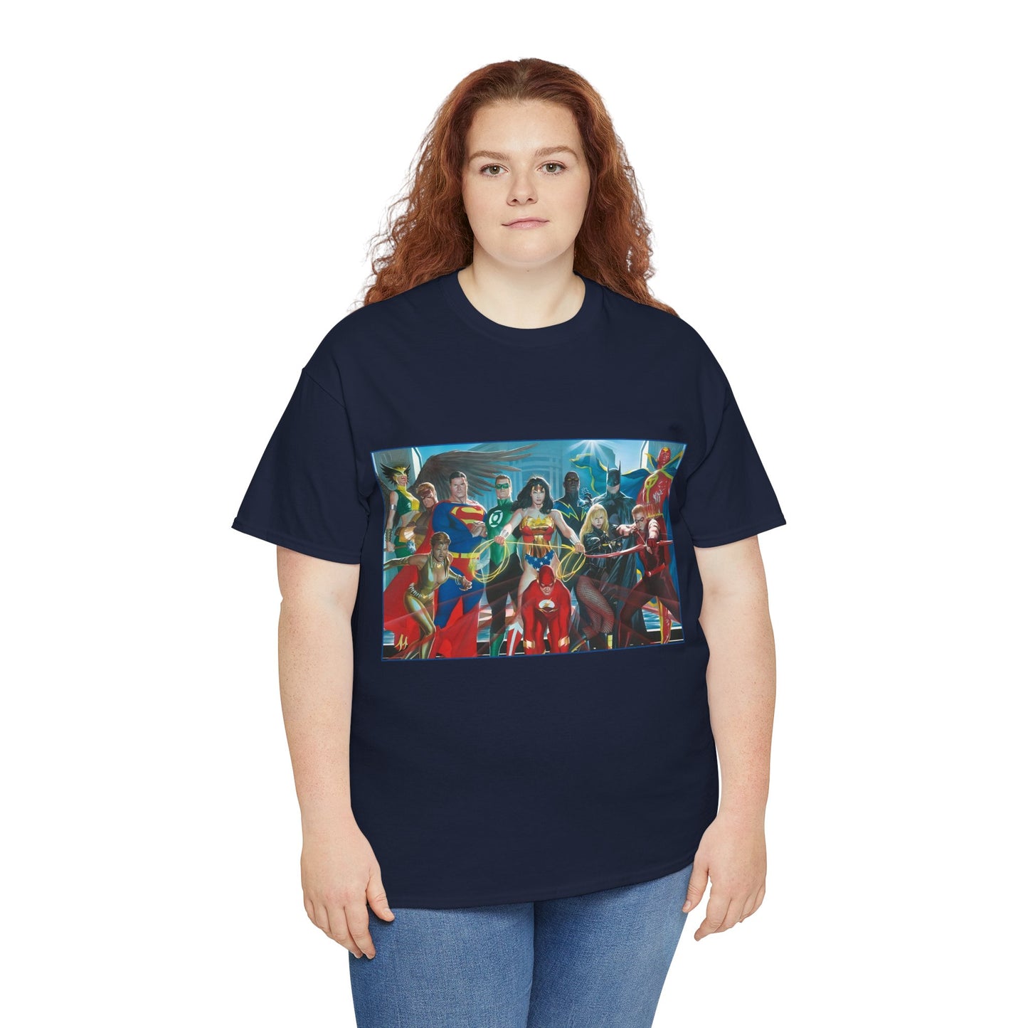 Justice League T-Shirt - Alex Ross Art - Superman, Wonder Woman, Batman, Flash, Black Canary, Vixen, Black Lightning, Green Lantern, Geo-Force, Red Tornado - DC Comics