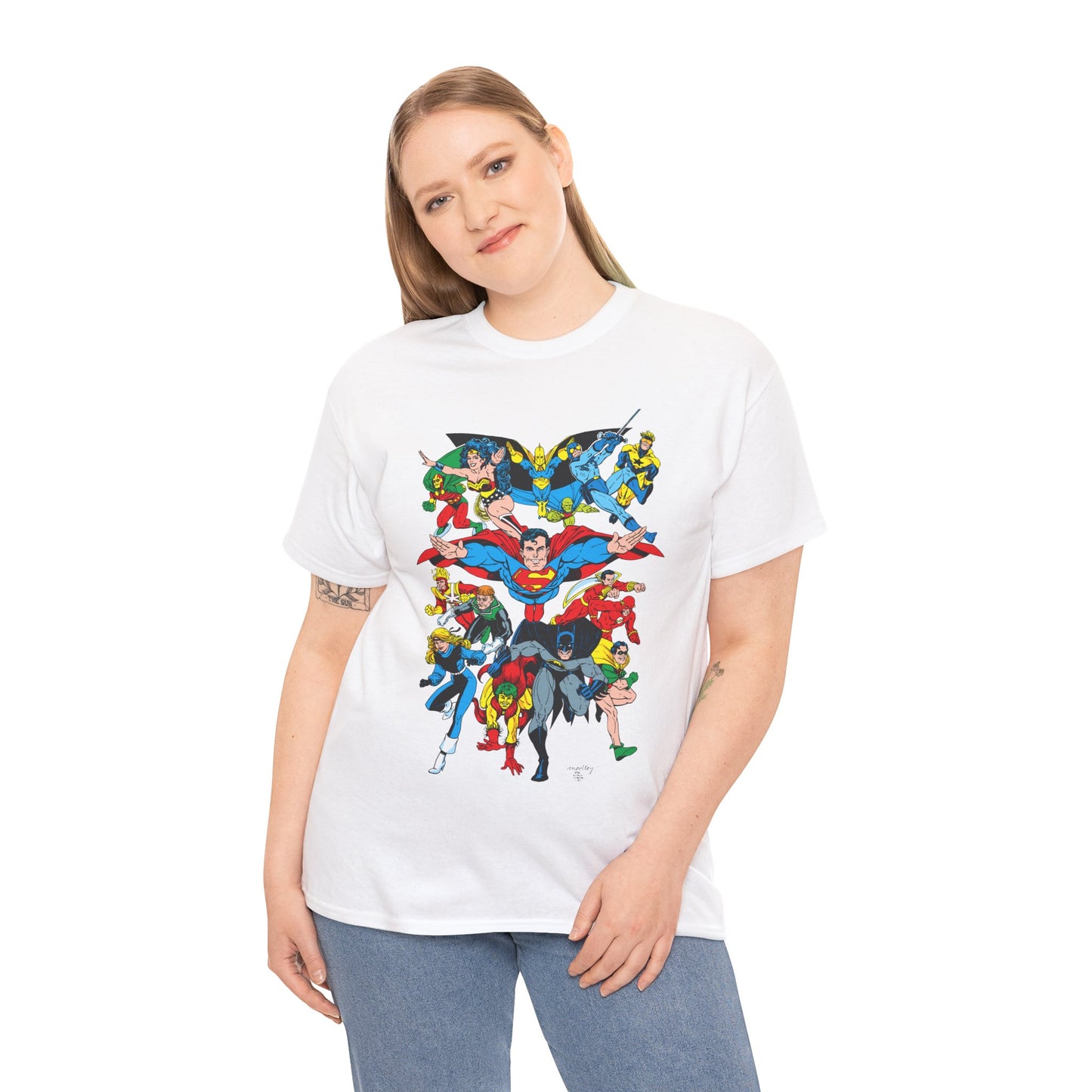 DC Legends T-Shirt - Linda Medley, Arthur Adams Art - Superman, Wonder Woman, Batman, Creeper, Black Canary, Guy Gardner, Blue Beetle, Booster Gold, Dr. Fate, Flash - DC Comics