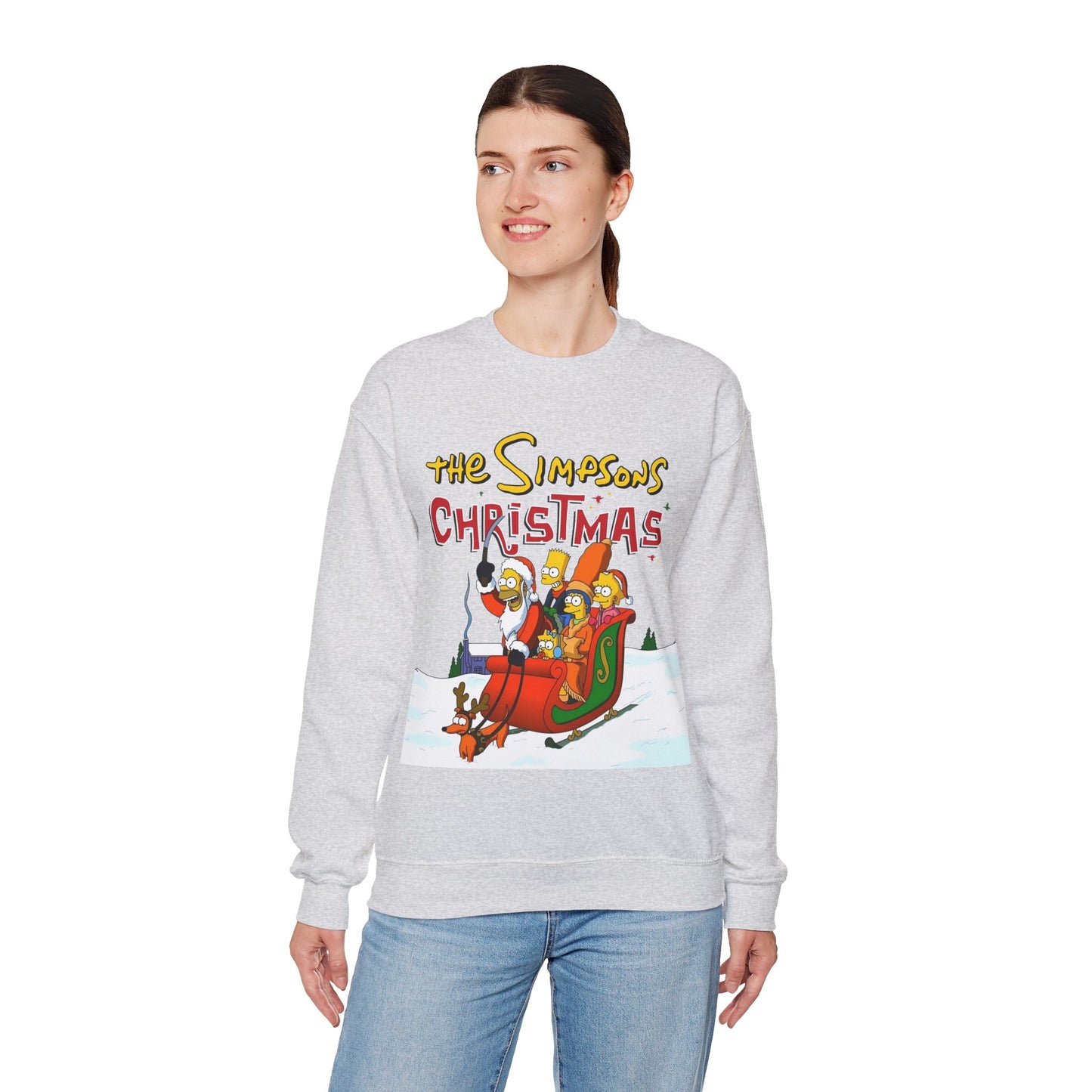 Simpsons Family Christmas Crewneck Sweatshirt - Homer, Marge, Bart, Lisa, Maggie - Riding a Christmas Sleigh Through the Winter Snow