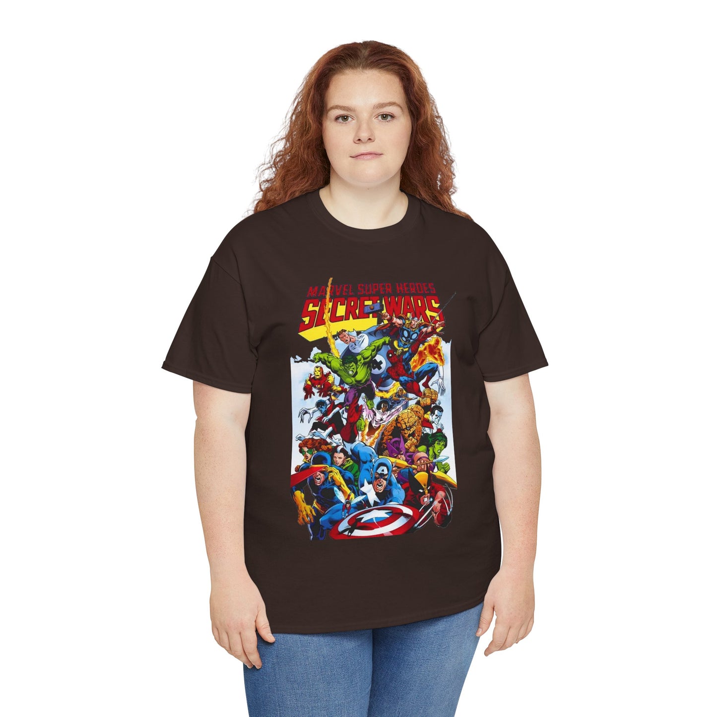 Secret Wars T-Shirt - Spider-man, Wolverine, Iron Man, Captain America, Cyclops, Rogue, Hulk, Mr Fantastic, The Thing - Classic Marvel Comics 1980s Series - The Beyonder