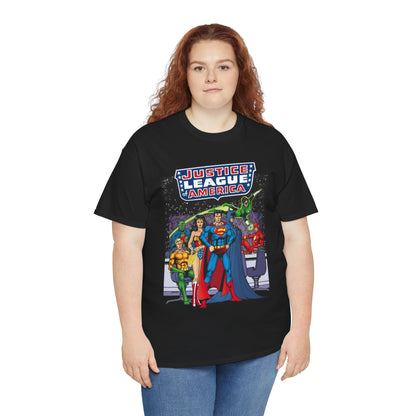 Justice League T-Shirt - George Perez Art - JLA Satellite Era - Superman, Wonder Woman, Green Lantern, Batman, Flash, Aquaman, Martian Manhunter - DC Comics
