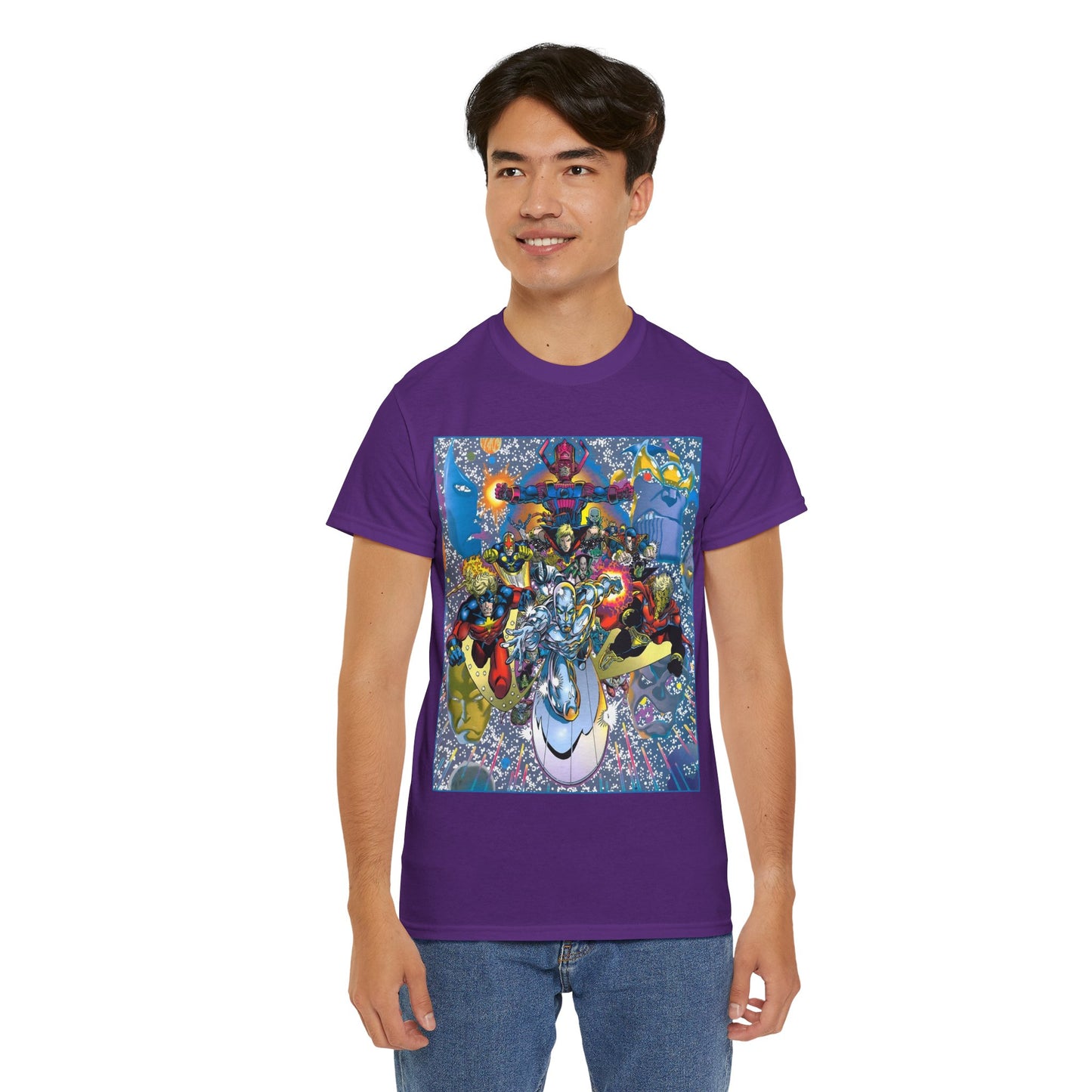 Marvel Cosmic Heroes T-Shirt - Silver Surfer, Captain Marvel, Adam Warlock, Quasar, Nova, Galactus, Jack of Hearts, Moondragon, Thanos
