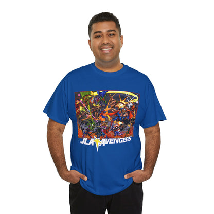 Avengers Vs JLA T-Shirt - Stunning George Perez Art - Marvel & DC Comics Crossover - Thor, Superman, Wonder Woman, Hercules, Iron Man, Batman, Black Canary, Scarlet Witch, Wonder Man, Martian Manhunter
